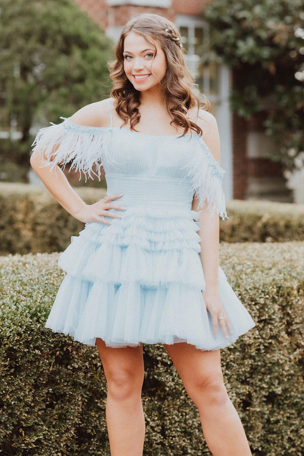 Blue Ruffled Short Homecoming Dress/Mini Dress With Feathers