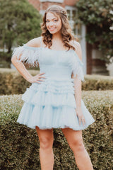 Blue Ruffled Short Homecoming Dress/Mini Dress With Feathers