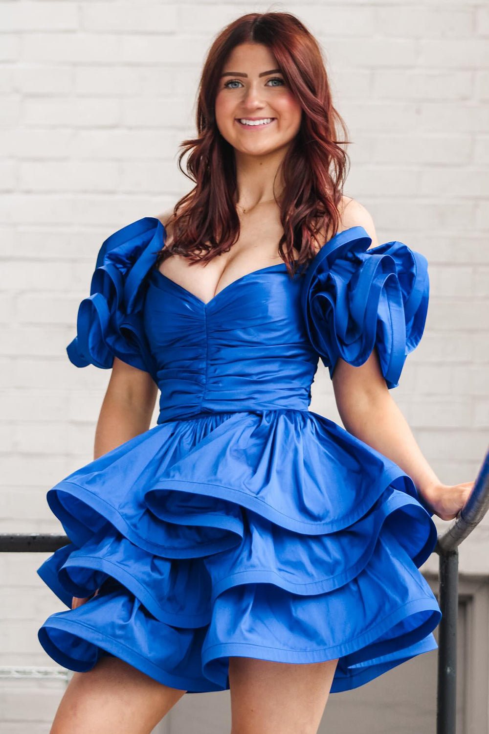 Royal Blue Off The Shoulder A Line Tiered Short Homecoming Dress/Mini Dress