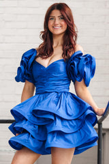 Royal Blue Off The Shoulder A Line Tiered Short Homecoming Dress/Mini Dress
