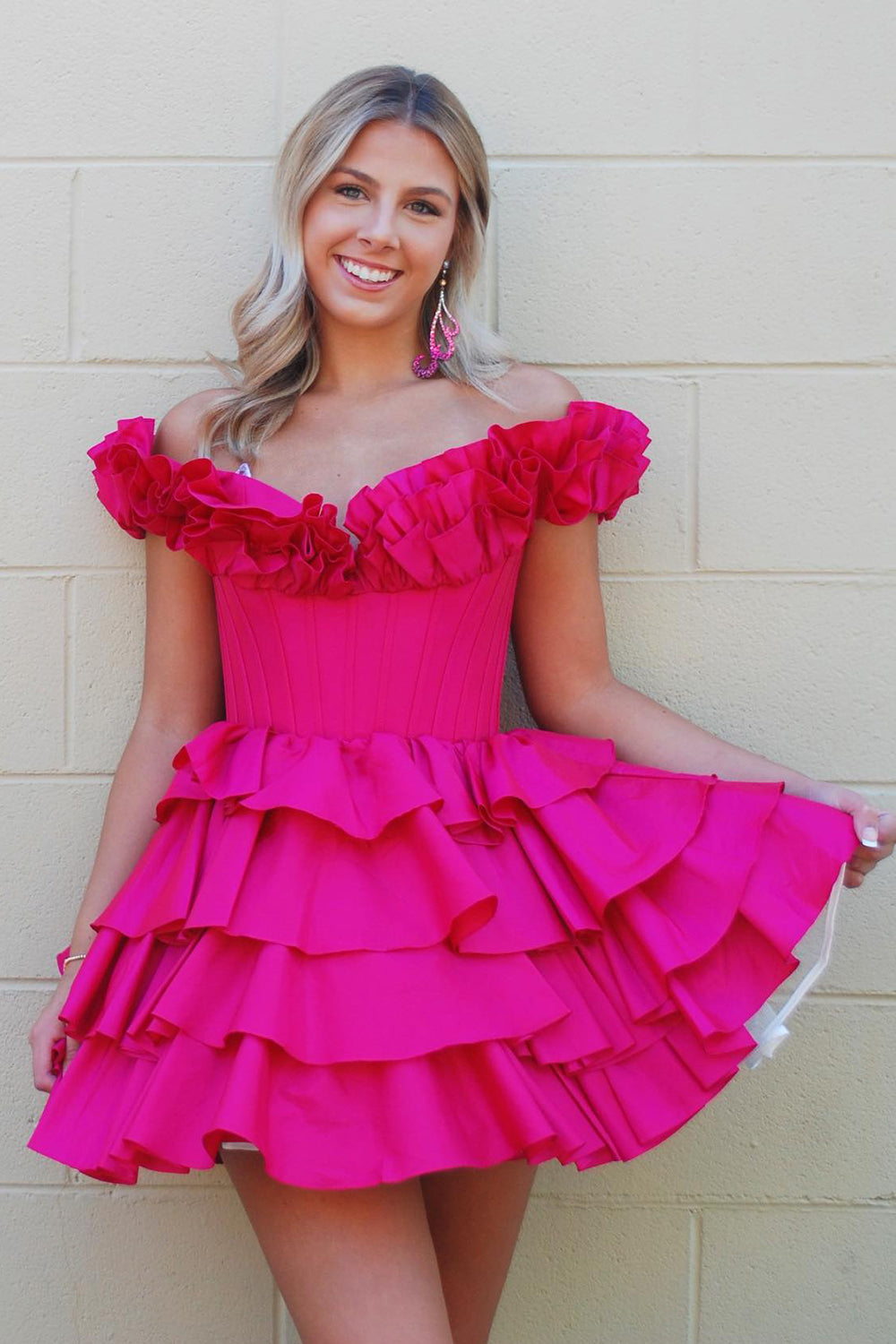 Fuchsia Off The Shoulder Corset Short Homecoming Dress/Mini Dress With Ruffles