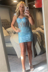 Sparkly Blue Corset Sequins Tight Short Homecoming Dress/Mini Dress With Feathers