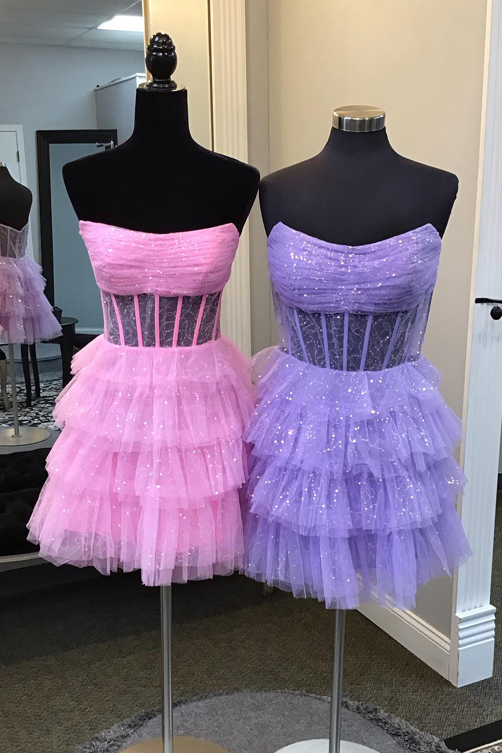 Sparkly A-Line Pink Corset Tiered Tulle Short Homecoming Dress/Mini Dress