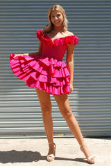 Fuchsia Off The Shoulder Corset Short Homecoming Dress/Mini Dress With Ruffles