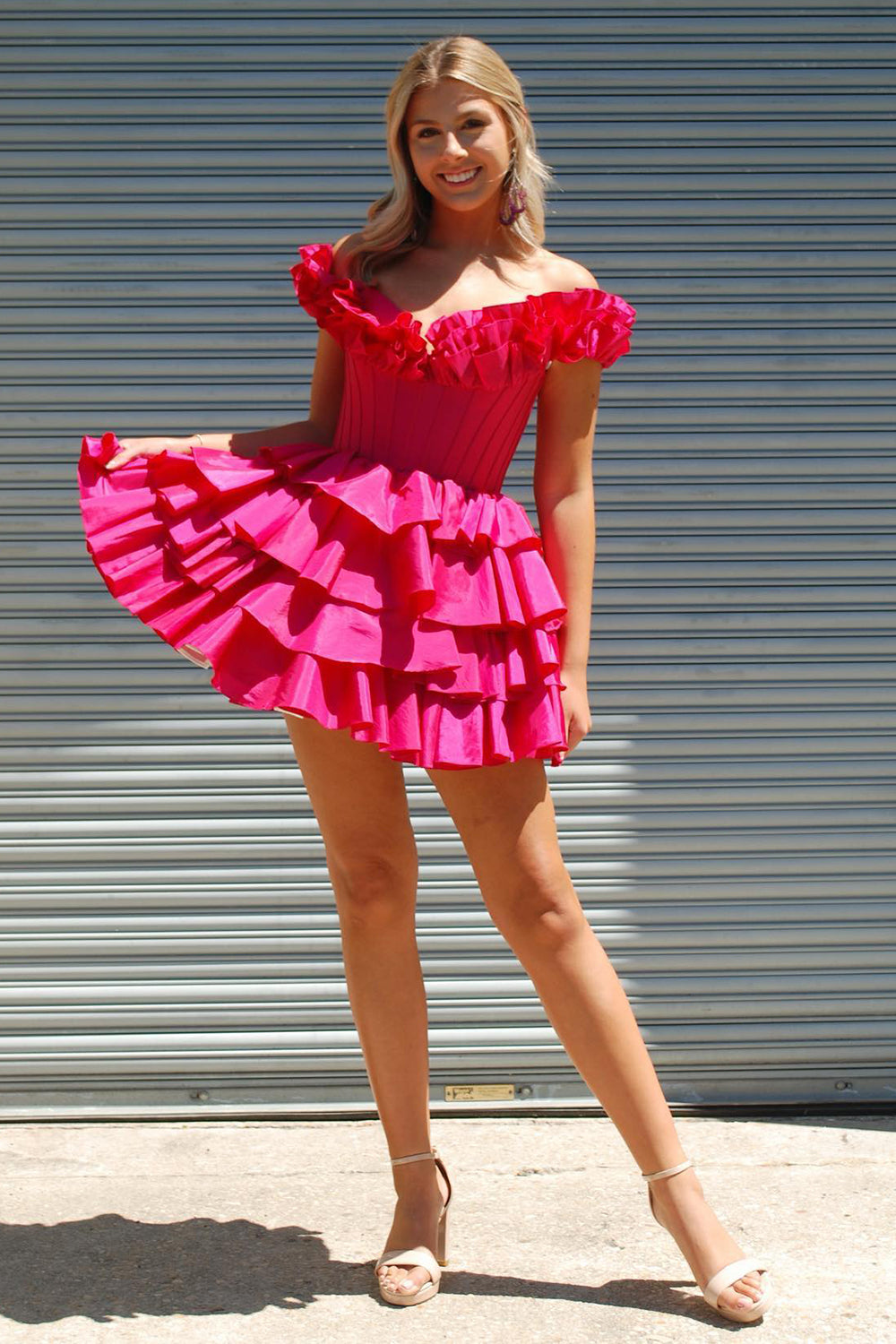 Golden Off The Shoulder Corset Short Homecoming Dress/Mini Dress With Ruffles
