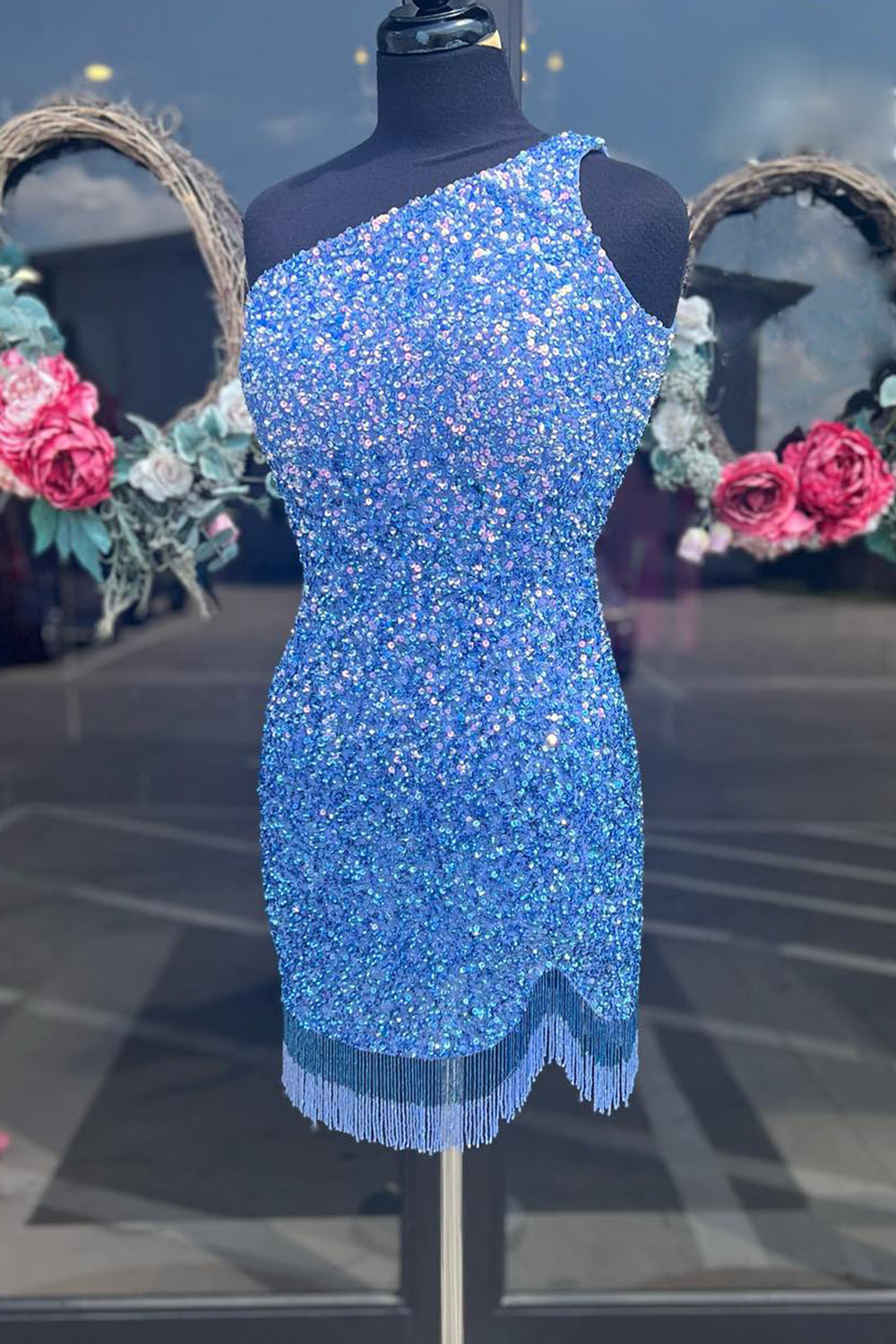 Sparkly Blue Sequined One Shoulder Tight Short Homecoming Dress/Mini Dress with Fringes