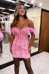 Sparkly Pink Corset Sequins Tight Short Homecoming Dress/Mini Dress With Feather