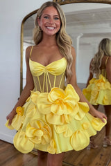 Yellow Corset A Line Short Homecoming Dress/Mini Dress With 3D Flowers