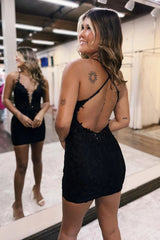 Sparkly Black Sequins Tight Short Homecoming Dress/Mini Dress With Appliques