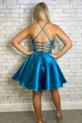 Blue Beaded Halter Corset Homecoming Dress/Mini Dress