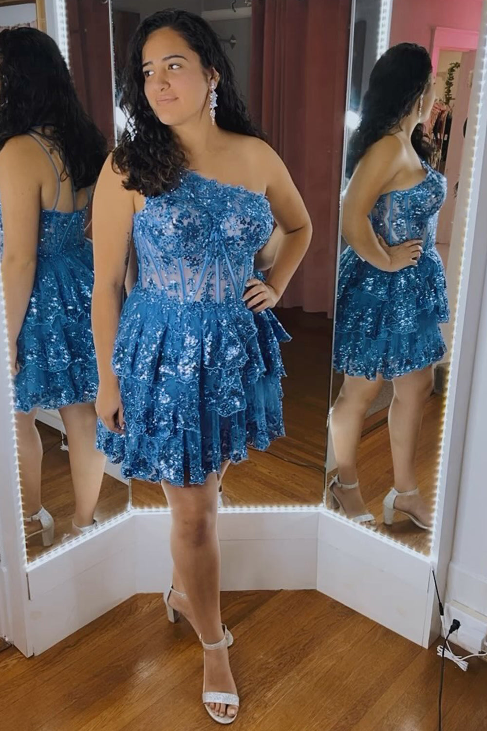 Sparkly Pink Tiered Lace One Shoulder Short Homecoming Dress/Mini Dress