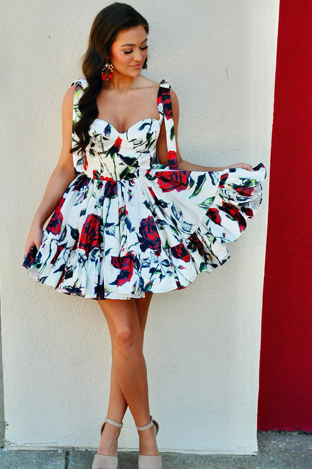 White A Line Ruffled Homecoming Dress/Mini Dress With Printed Flower