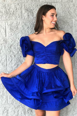 Royal Blue Off The Shoulder A Line Tiered Short Homecoming Dress/Mini Dress