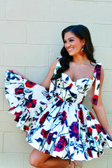 White A Line Ruffled Homecoming Dress/Mini Dress With Printed Flower