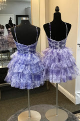 Blue Halter A Line Tiered Floral Printed Homecoming Dress/Mini Dress