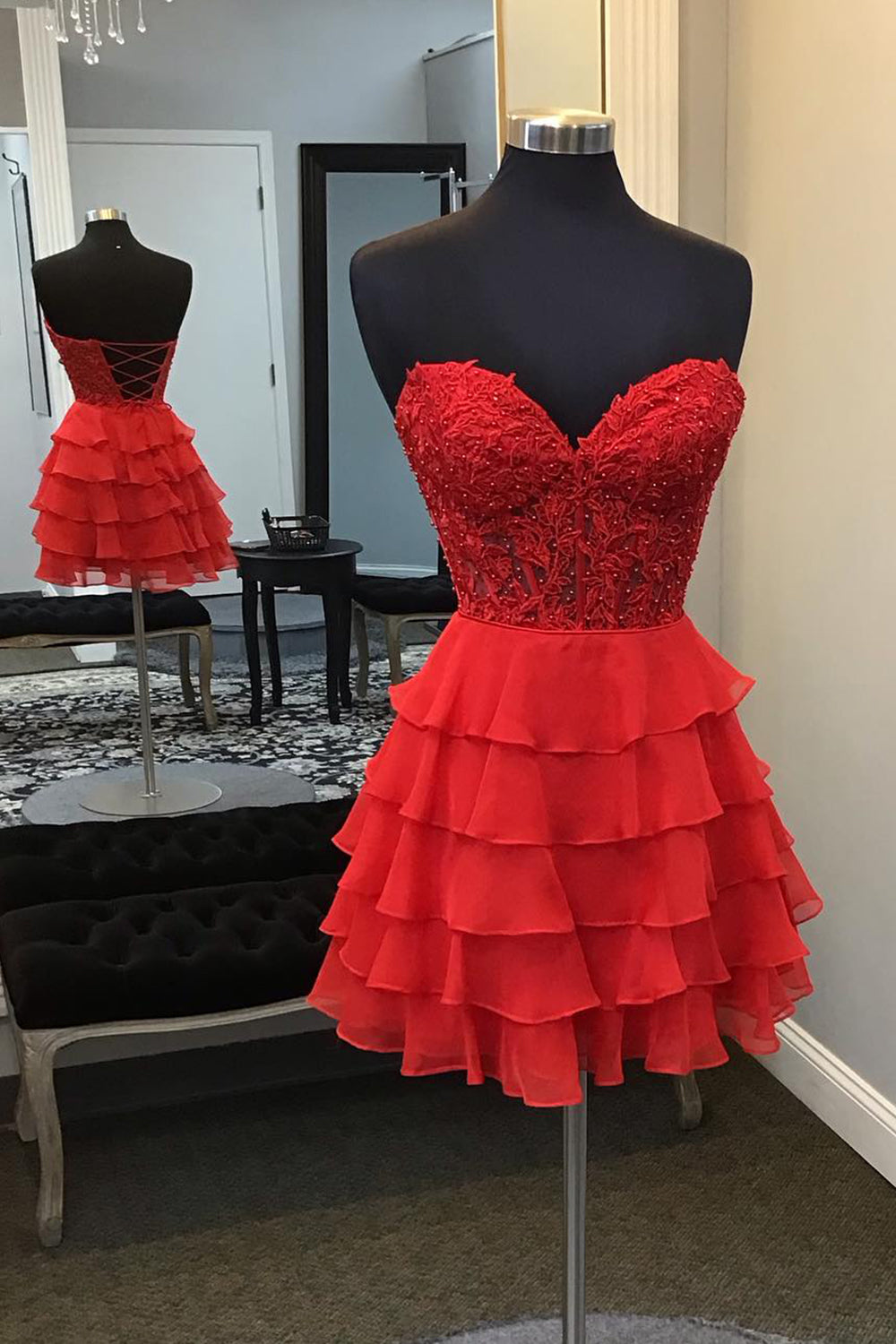 Sparkly Pink Corset Strapless A Line Short Homecoming Dress/Mini Dress with Ruffles