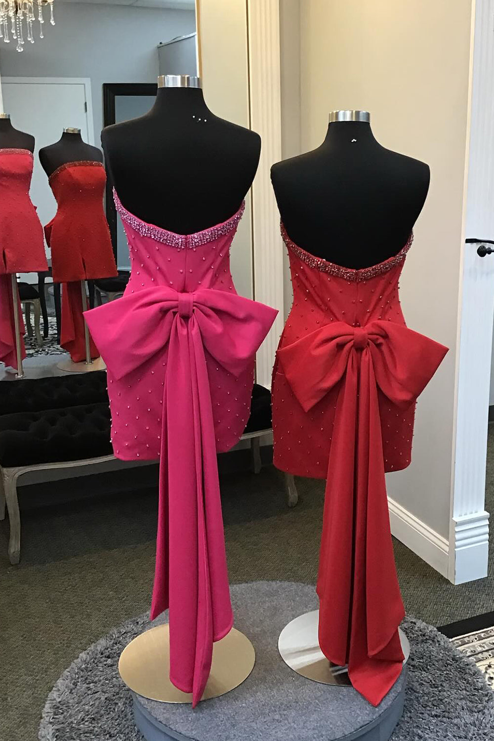 Glitter Fuchsia Beaded Strapless Bodycon Short Homecoming Dress/Mini Dress With Bow