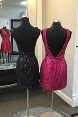 Sparkly Black V-Neck Tight Short Homecoming Dress/Mini Dress with Sequins