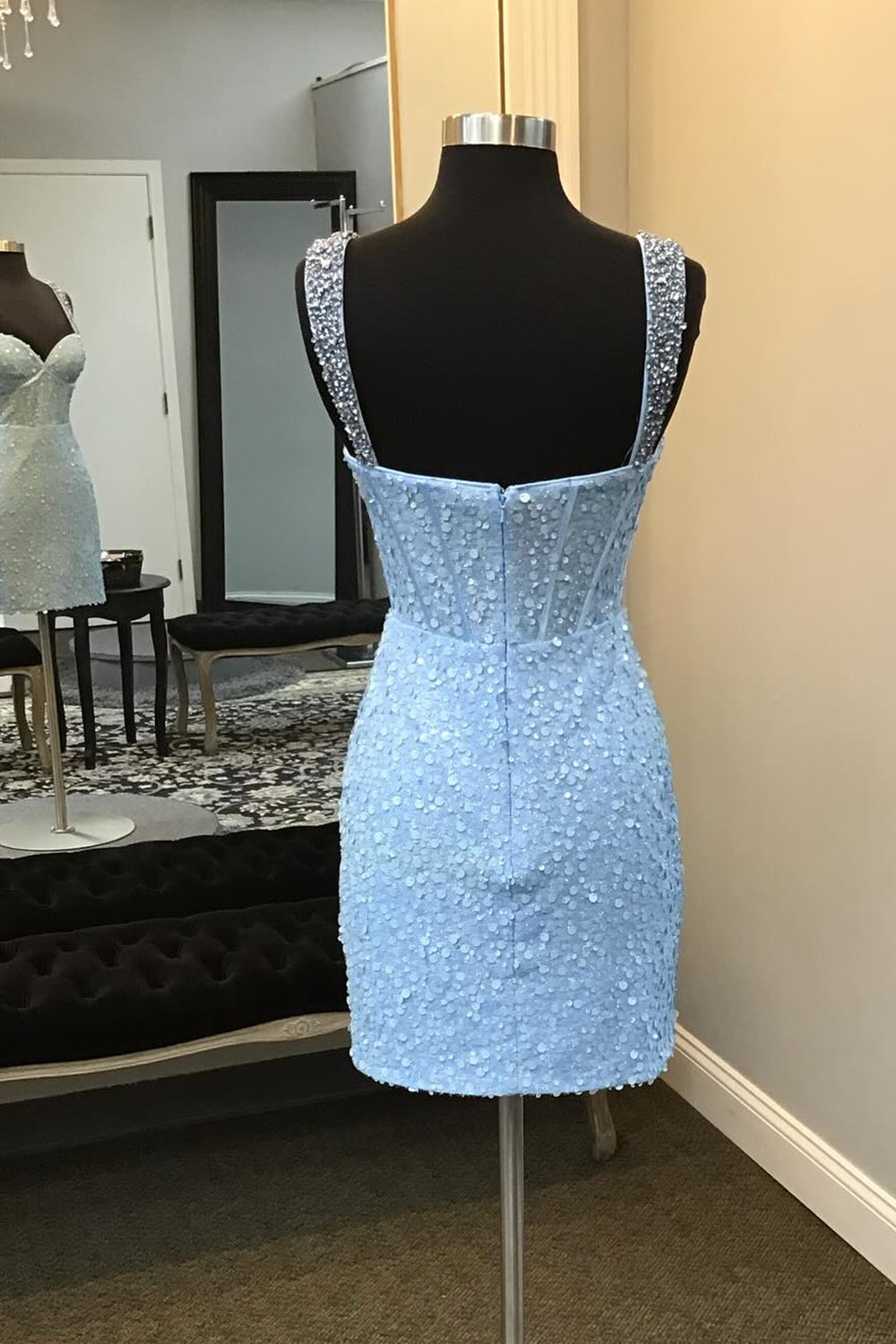 Sparkly Blue Sequins Corset Bodycon Homecoming Dress/Mini Dress