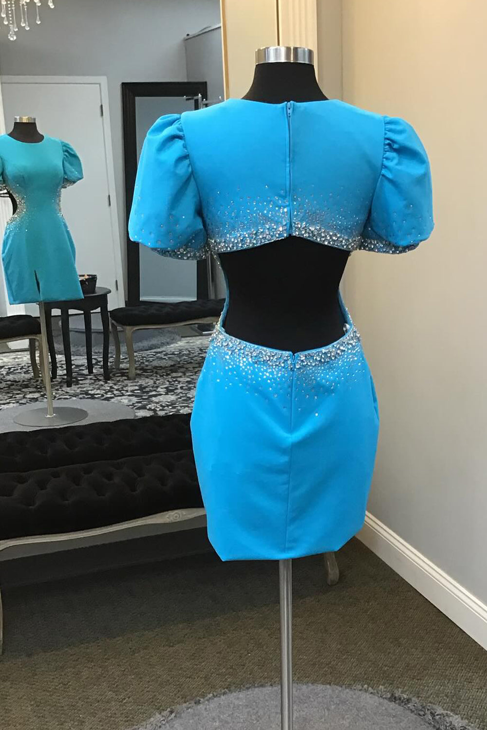 Blue Beaded Puff Sleeves Short Homecoming Dress/Mini Dress