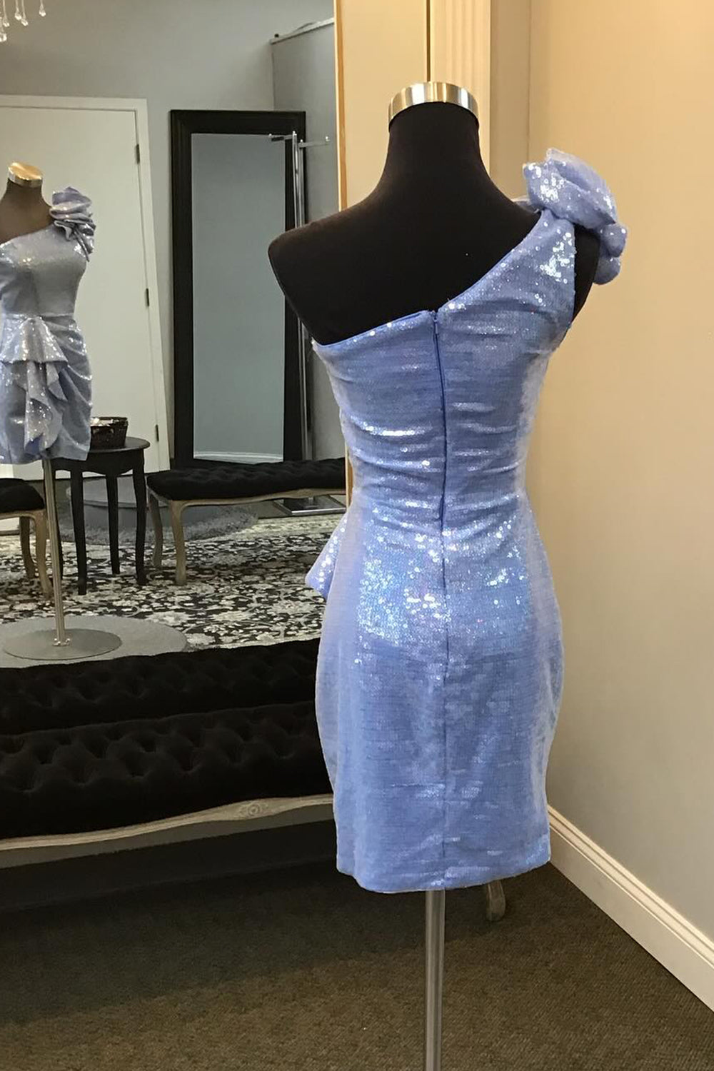 Glitter Blue Sequins One Shoulder Tiered Homecoming Dress/Mini Dress