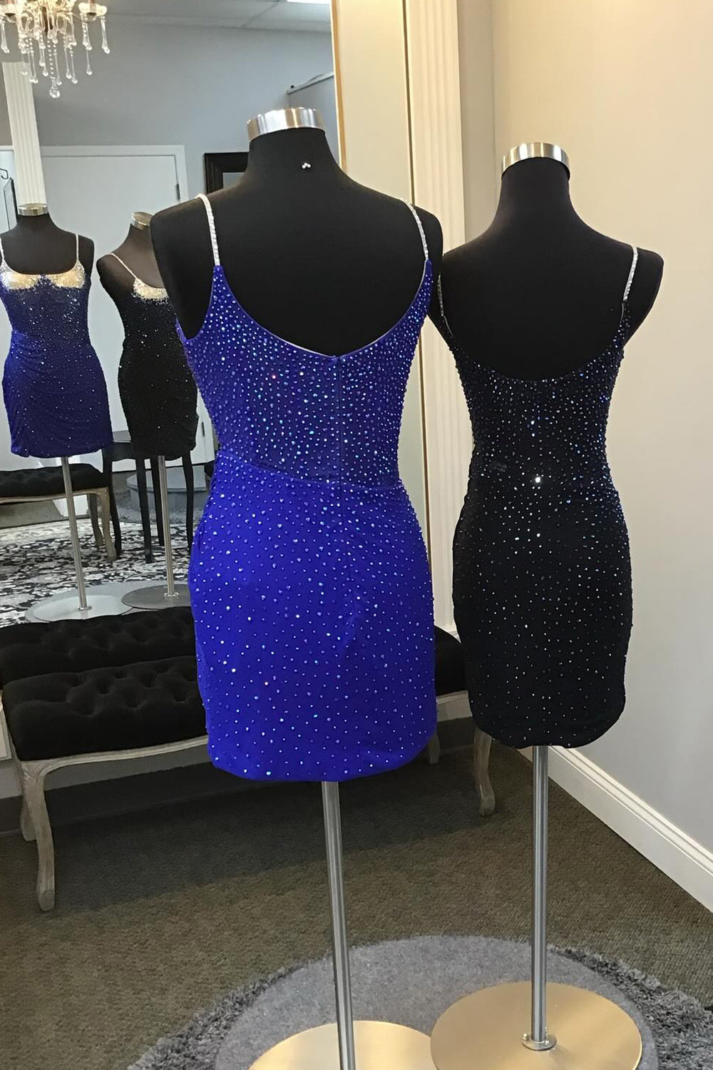 Glitter Royal Blue Spaghetti Straps Tight Short Homecoming Dress/Mini Dress With Beadings