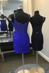 Glitter Royal Blue Spaghetti Straps Tight Short Homecoming Dress/Mini Dress With Beadings