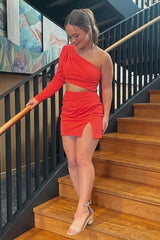 Red One Shoulder Bodycon Short Homecoming Dress/Mini Dress With Slit