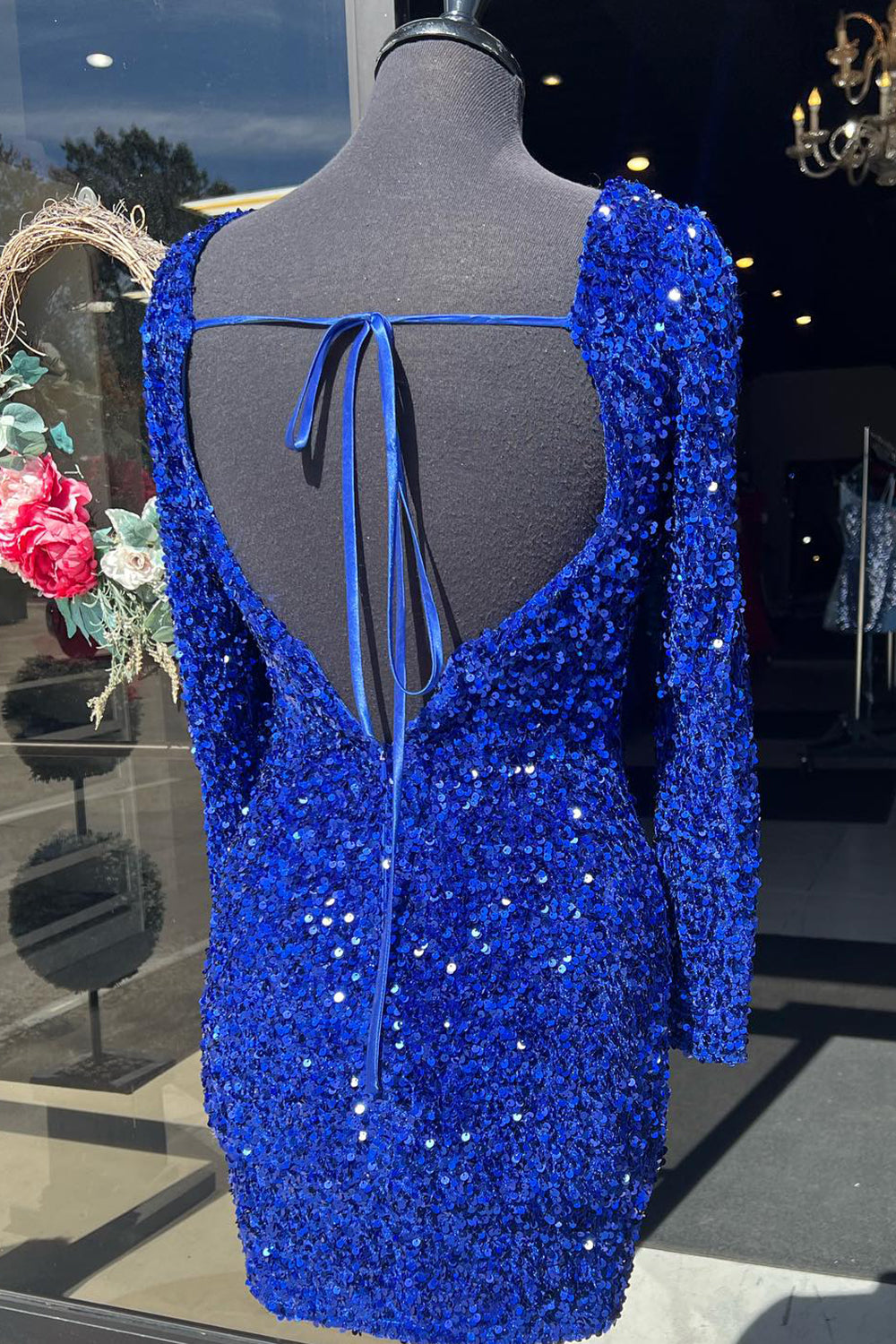 Sparkly Royal Blue Sequins Backless Short Homecoming Dress/Mini Dress With Long Sleeves