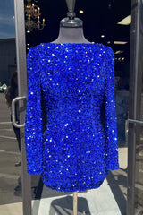 Sparkly Royal Blue Sequins Backless Short Homecoming Dress/Mini Dress With Long Sleeves