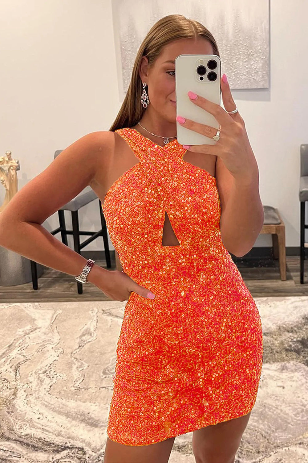 Fuchsia Halter Sleeveless Sequined Homecoming Dress/Mini Dress
