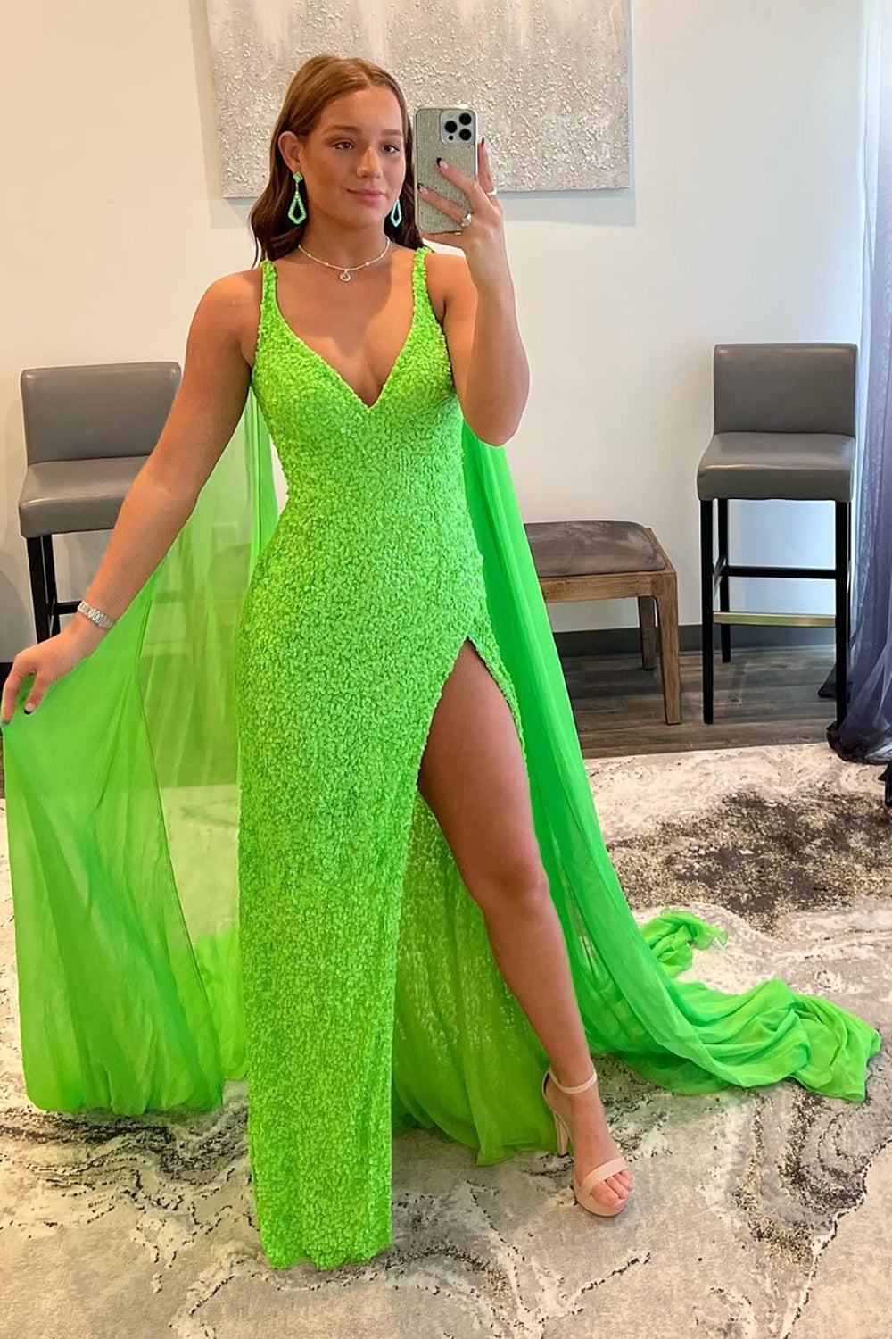 Long Sequined Prom Dress with Orange Watteau Train
