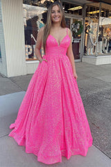 Hot Pink Sweetheart Sequins Spaghetti Strap Ball Gown Evening Dress With Backless