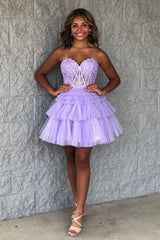 Glitter Lavender Corset Tiered Short A-Line Tulle Homecoming Dress/Mini Dress with Lace