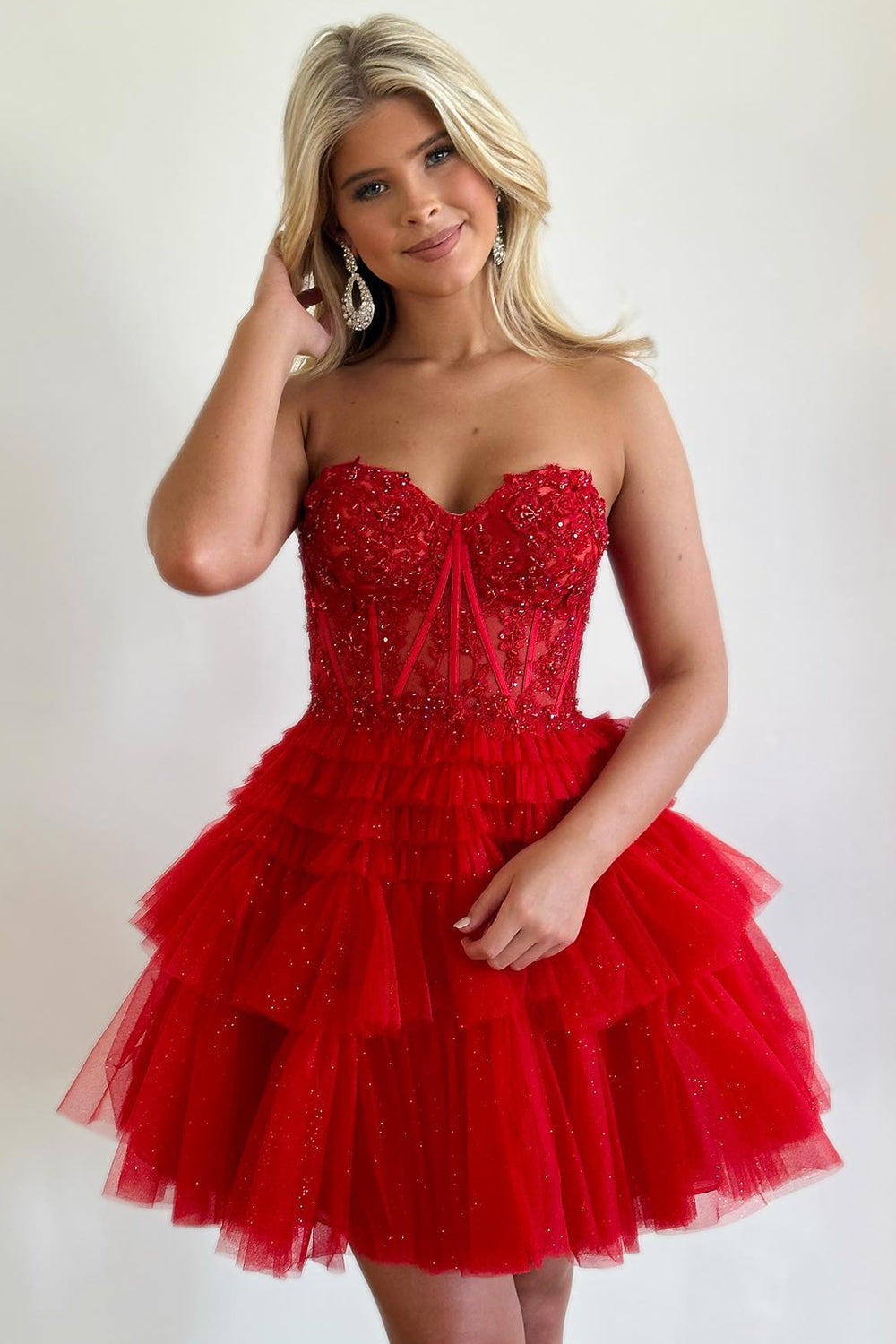 Sparkly Pink Corset Tiered Short A-Line Tulle Homecoming Dress/Mini Dress with Lace