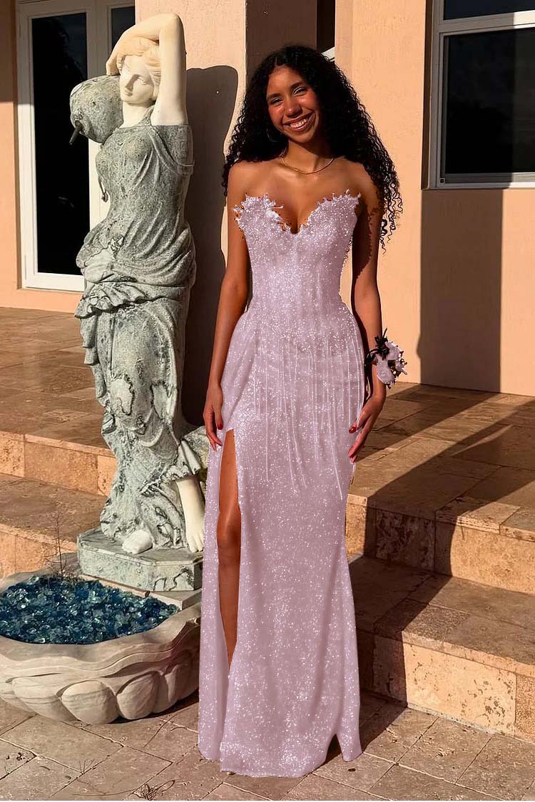 Red Strapless Sleeveless Long Mermaid Formal Dress With Sequins Split