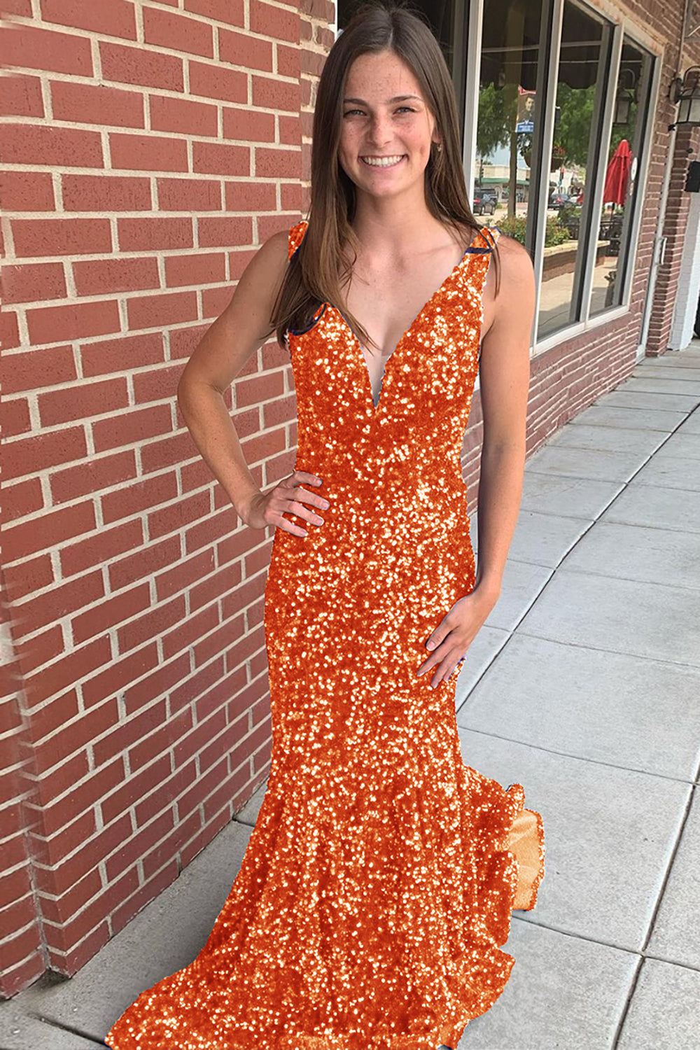 Long Prom Dress with Sequins in Mermaid Blue V-Neck