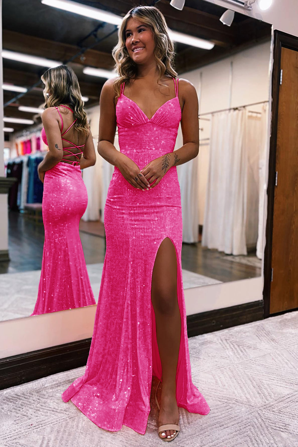 Orange Sequins Long Prom Dress with Mermaid Spaghetti Straps and Front Split