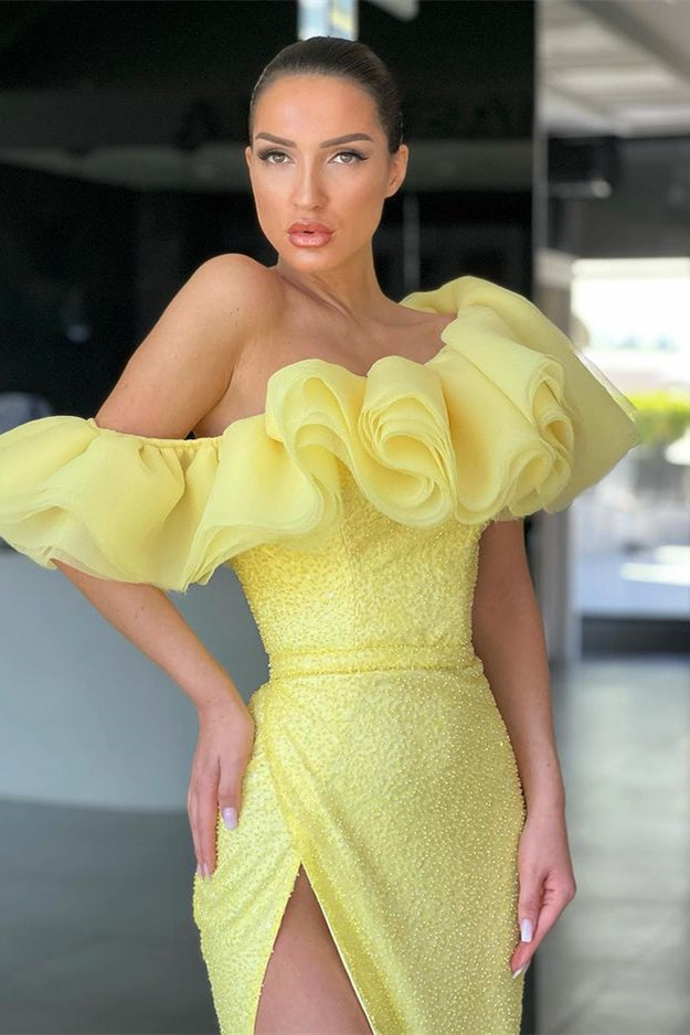 Daffodil Off-The-Shoulder Split Mermaid Evening Dress Sequins
