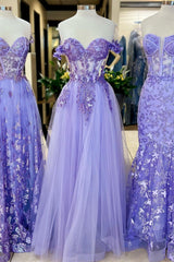 Elegant Off-the-Shoulder Purple Corset Prom Dress with Appliques in A-Line Silhouette