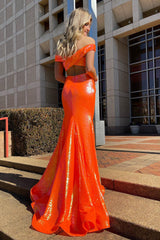 Sequined Blue Mermaid Prom Dress with Off-Shoulder Design