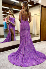 Long Purple Sequined Prom Dress with Mermaid Silhouette and Criss-Cross Halter Back