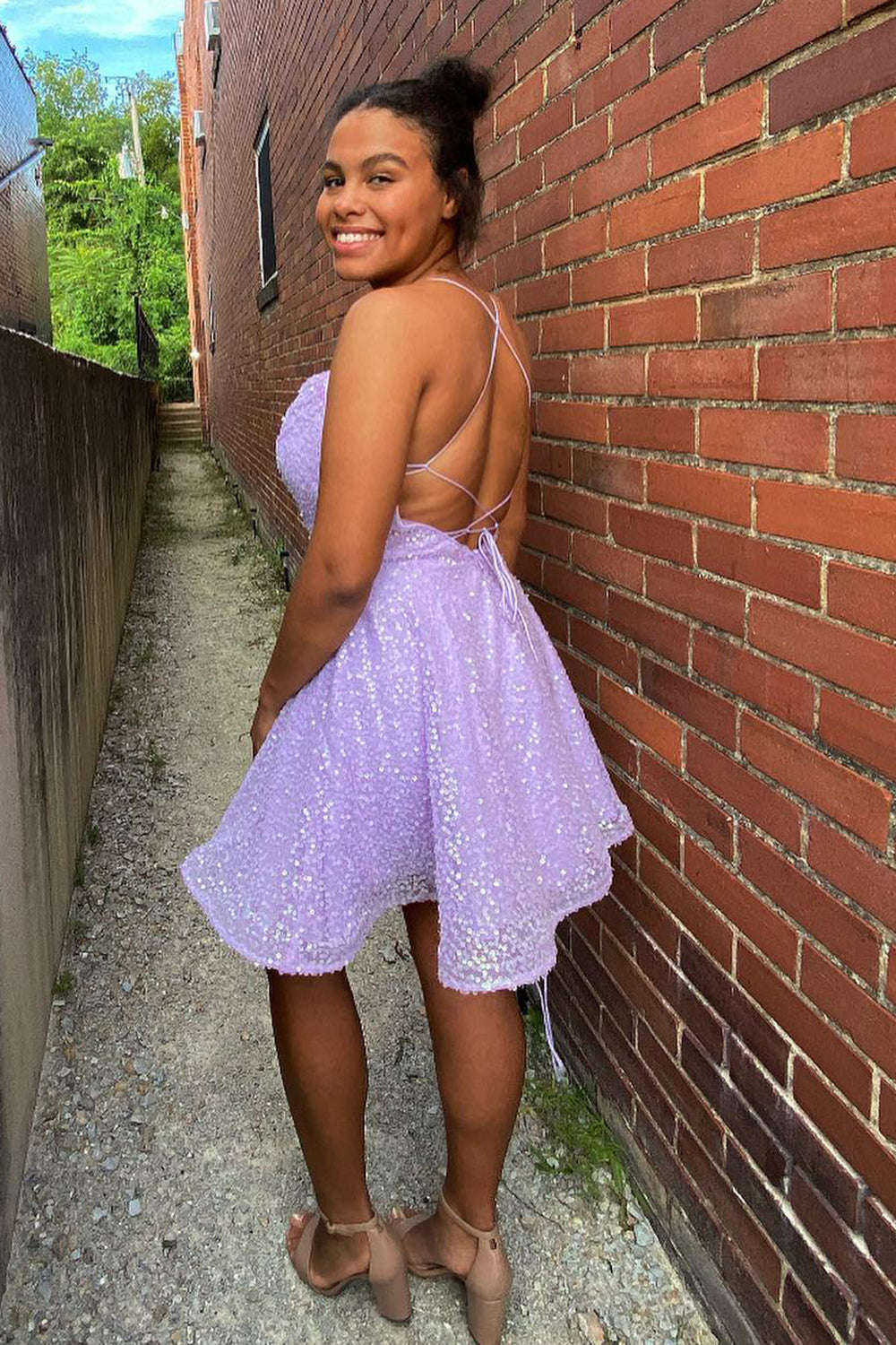 Lilac Sequins Homecoming Dress/Mini Dress with Criss Cross Back