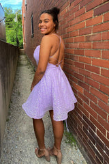 Lilac Sequins Homecoming Dress/Mini Dress with Criss Cross Back