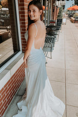 Long Backless Prom Dress with White Spaghetti Straps and Beading
