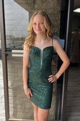 Sparkly Dark Green Corset Sequins Sleeveless Tight Homecoming Dress/Mini Dress
