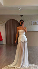 White Strapless Sleeveless Long Formal Dress With Pleated Beading