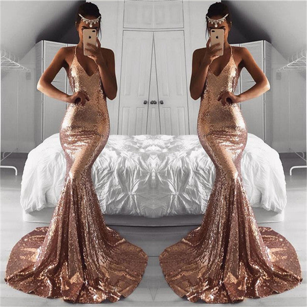 Sleeveless V-Neck Sequins Evening Dress