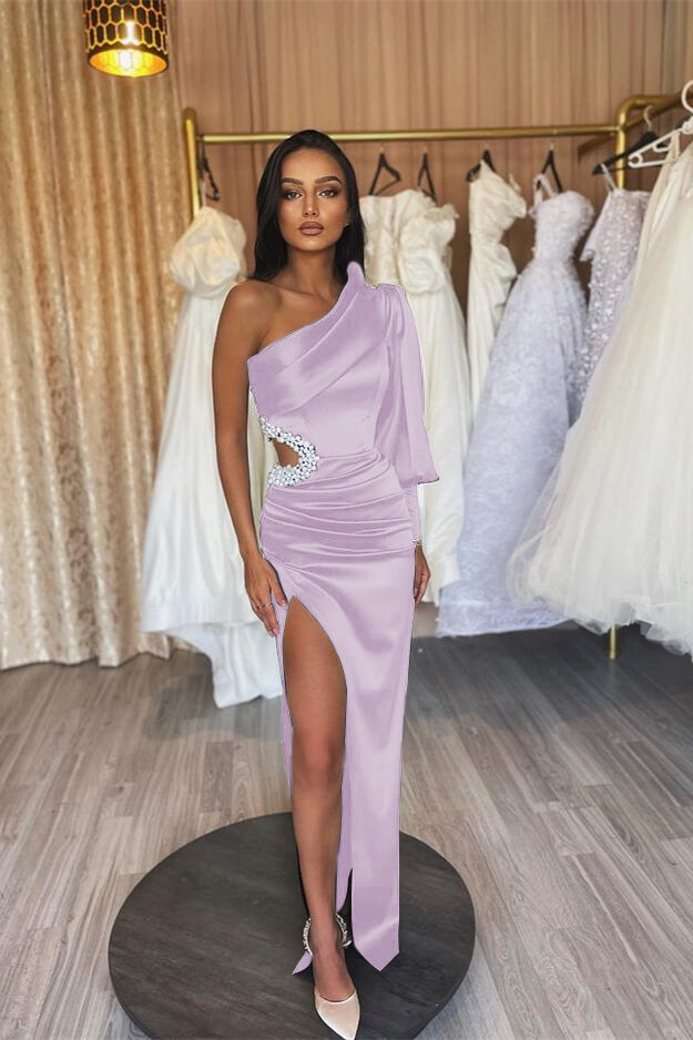 Black One Shoulder Long Sleeve Slit Mermaid Evening Dress With Pearls