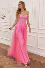 Prom Dress in Navy with Appliques and Off-the-Shoulder Design